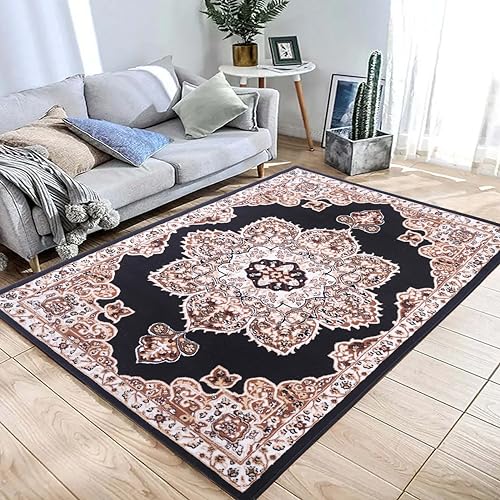 Black Premier Collection Indoor Medallion Rectangular Area Rug Cozy & Comfortable Classic Colors Rugs for Bedroom, Living Room, Floor Covering