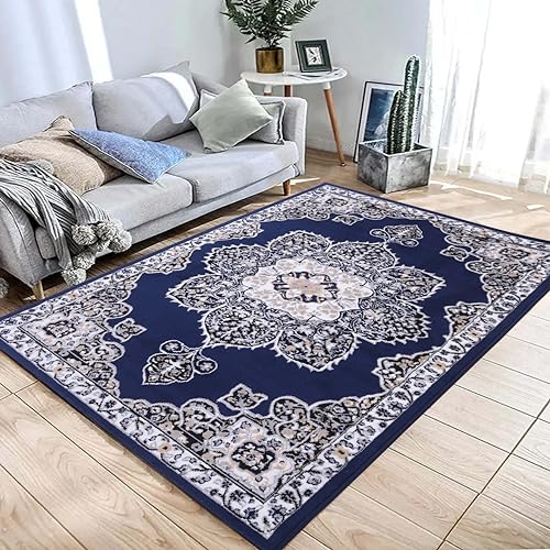 Blue Premier Collection Indoor Medallion Rectangular Area Rug Cozy & Comfortable Classic Colors Rugs for Bedroom, Living Room, Floor Covering