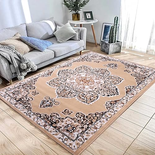 Beige Premier Collection Indoor Medallion Rectangular Area Rug Cozy & Comfortable Classic Colors Rugs for Bedroom, Living Room, Floor Covering