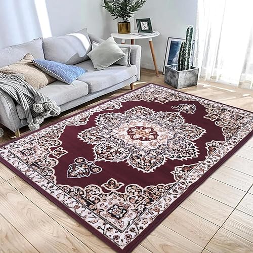 Burgundy Premier Collection Indoor Medallion Rectangular Area Rug Cozy & Comfortable Classic Colors Rugs for Bedroom, Living Room, Floor Covering